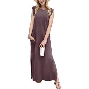 Grecerelle Women Rosewood Round Neck Loose Split Wrinkle-Free Long Maxi Dress